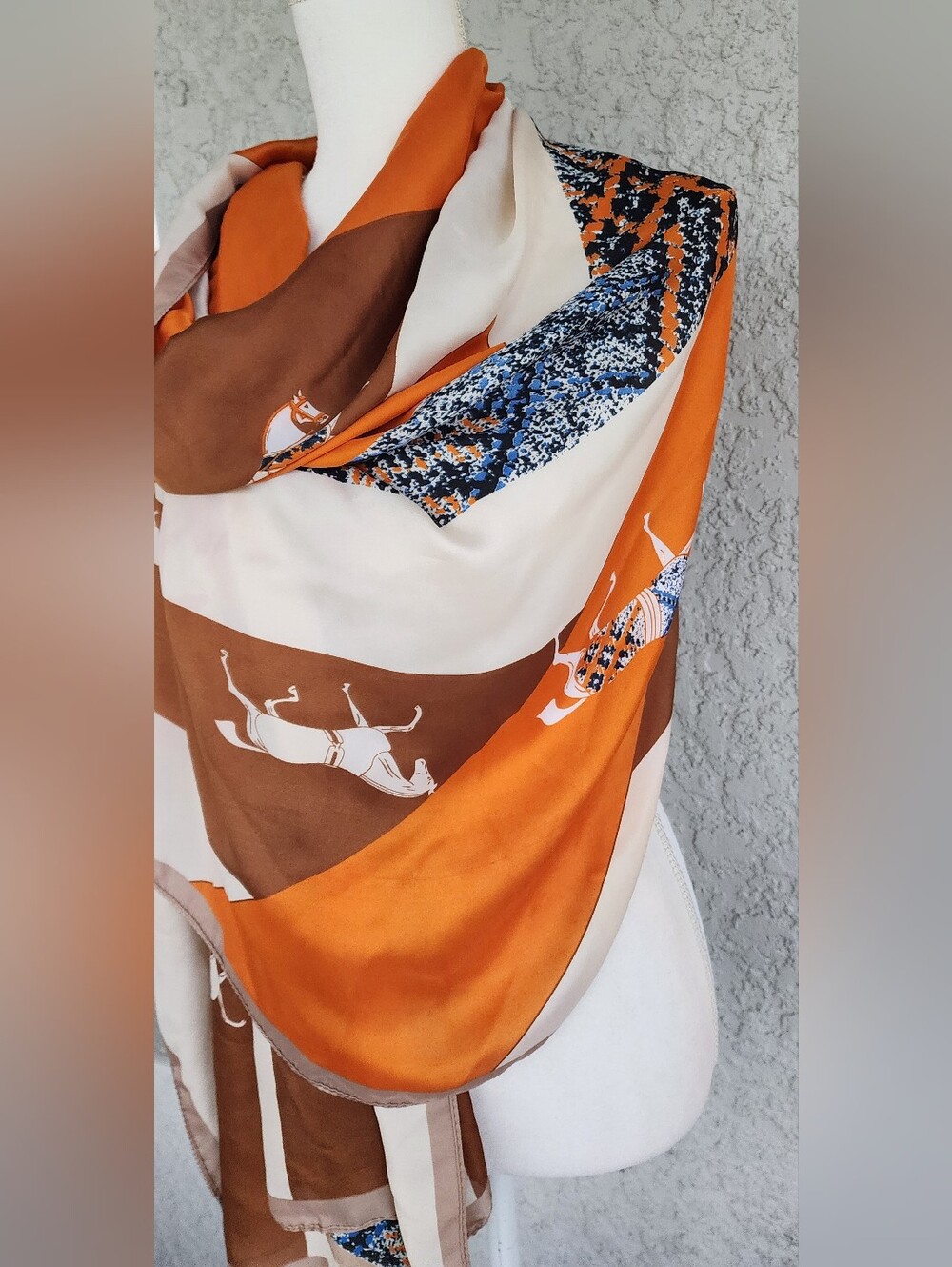 Silky Orange and Cream Fashion Wrap with Brown Trim - Picture 5 of 8